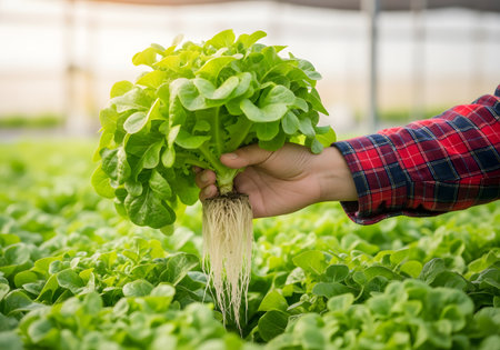 Close-up of a farmer harvesting clean, vibrant oak leaf lettuce in a modern indoor farm settingの素材