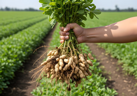 Close-up of hands pulling a bunch of organic peanuts with foliage from the rich soil of a farm fieldの素材