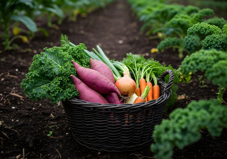 Close-up of kale, purple sweet potatoes, carrots, and onions in a woven basket in a vegetable patchの素材