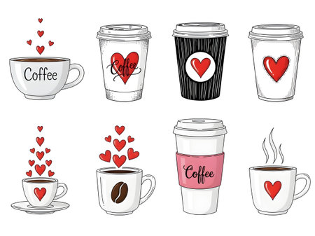 A charming set of eight coffee-themed illustrations featuring ceramic cups, takeaway tumblers, and red heart accents. Perfect for Valentine's Day cafe promotions and love-themed branding.のイラスト素材