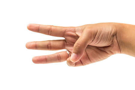 three finger and hand count number three on isolated white background