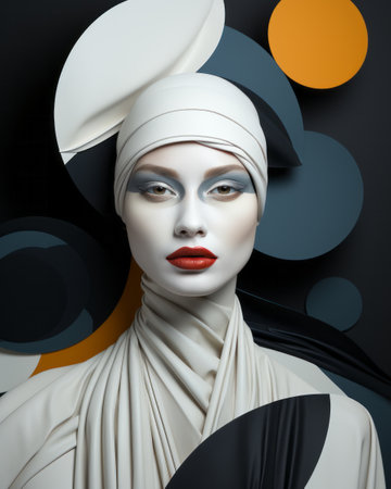 A fashionable woman with porcelain white skin and ruby red lips stands statuesquely, evoking a timeless beauty that captivates the eyeの素材