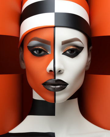 The vivid contrast of the black and orange face paint combined with the edgy lipstick creates a bold fashion statement that captures the wild spirit of artの素材