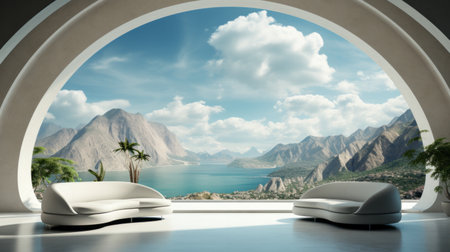 Framed by a window, a breathtaking landscape of majestic mountains and sparkling lake waters fill the room, creating a feeling of peace and serenity as one takes in the beauty of the clouds and skyの素材