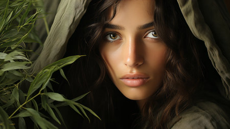 A stunning woman with wild brown hair, lush green eyes, and sun-kissed skin stands outdoors in an edgy fashion, her captivating gaze and perfectly arched brows drawing the viewer inの素材