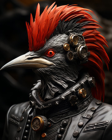 A beautiful bird statue stands proudly, its vibrant red and black feathers radiating a majestic aura that captures the eye and stirs the soulの素材