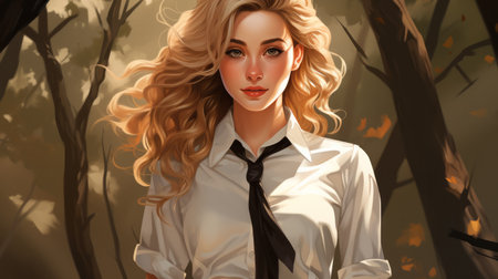 A stunning woman stands confidently outdoors, her long blonde hair and fashionable white shirt and black tie making a statement of effortless style and graceの素材