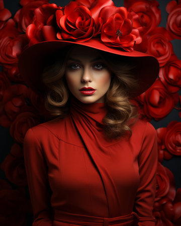 A radiant woman in a vibrant red dress with a delicate hat adorned with lush roses graces the room, her elegant fashion choice adding an air of beauty and joy to the atmosphereの素材