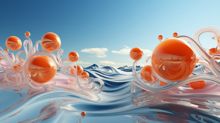 A vibrant sky provides the backdrop to a scene of orange spheres suspended in undulating waters beneath majestic mountainsの素材