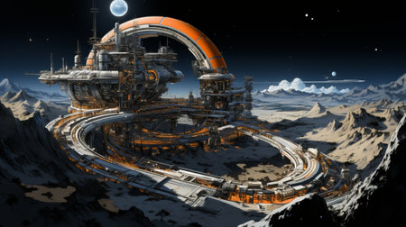 On a snow-covered planet, a gleaming futuristic city illuminated by a silver moon is bustling with spacecraft transporting people to and from their destinationsの素材