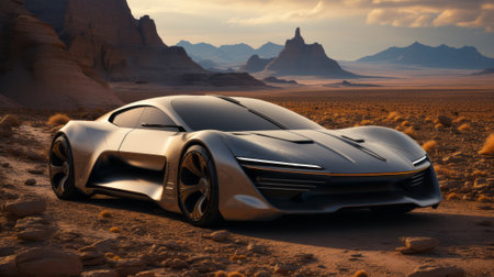 A sleek silver super car sits on the barren desert ground, its gleaming wheels reflecting the blazing sun and jagged mountains in the distanceの素材