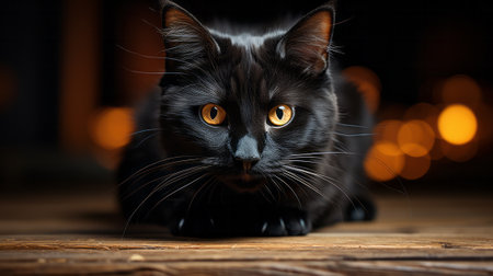 A mysterious black cat with glowing yellow eyes stares from the shadows, its sleek body and long whiskers resting on the cold ground, radiating an air of wildnessの素材