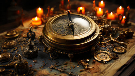 The flickering candlelight of the brass clock illuminated the aged map, its compass pointing the way to untold possibilities and adventuresの素材
