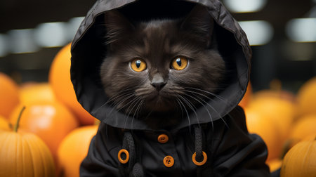 On halloween night, a curious black-coated feline peers out from the warmth of its indoor pumpkin-laden home, reminding us of the beauty of animals and the joy of the seasonの素材