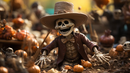A mischievous skeleton dressed in a black hat and coat lurks around a spooky halloween party, delighting children with its playful antics and unexpected toy surprisesの素材