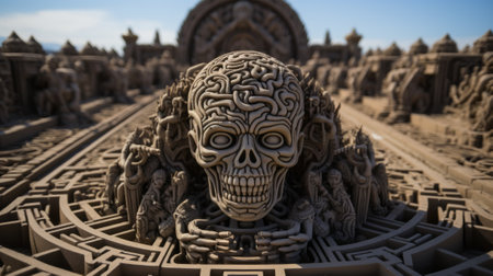 A stunning outdoor sculpture of a skull framed by the ethereal sky and ancient temple of borobudur evokes a feeling of awe and reverenceの素材