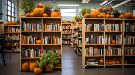 In a cozy library, warmly illuminated by soft lamps, a bookcase stands against the wall, its shelves filled with books and pumpkins, a perfect balance of learning and seasonal cheerの素材