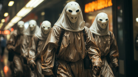 A diverse group of people stand together, shrouded in mysterious anonymity as they don vibrant masks, exuding an aura of unity and strengthの素材
