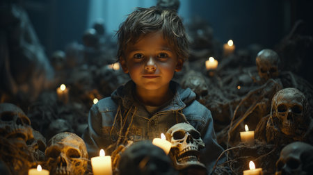 A young person stands solemnly in a dimly lit room, illuminated only by the flickering candles surrounding their skull-adorned headの素材