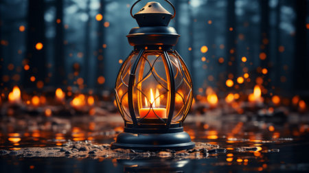 On a starry night, the warm glow of the candle flickering in the lantern creates a peaceful ambiance, inspiring feelings of wonder and serenityの素材