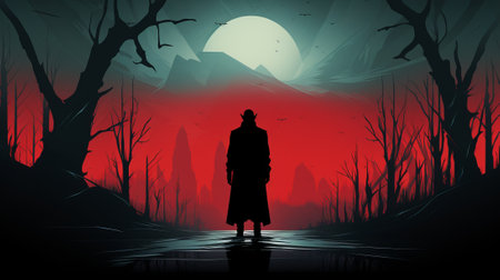 A solitary silhouette stands in a moonlit forest, backlit by a captivating red and black sky, enveloped by the wild outdoor beauty of natureの素材