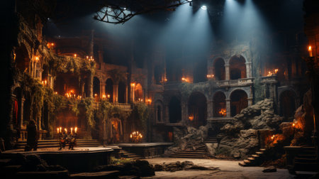 At night, the illuminated cityscape outside a majestic building, lit up by the flickering candles and glowing columns, creates an enchanting atmosphere perfect for a magical evening performanceの素材