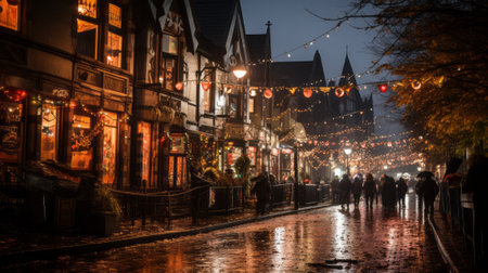 As the night sky illuminates the town, the street below is filled with buildings, trees, and the reflections of lights, beckoning travelers to explore the wonders of the cityの素材