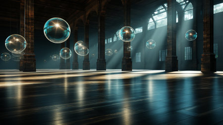 The starry night glitters through the room, illuminated by the colorful bubble lights and vibrant artwork suspended from the ceilingの素材