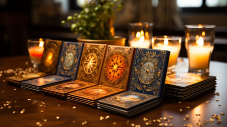 By the soft light of a flickering candle, an eclectic assortment of wax-covered cards lay spread out on a wooden table, beckoning one to come in and explore the mysteries hidden withinの素材