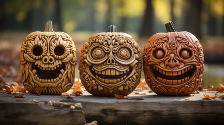On a crisp autumn day, a festive display of intricately carved pumpkins rests atop a wooden surface, evoking a feeling of warmth and joy for the upcoming halloween seasonの素材