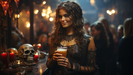 On a dark street at night, a woman stands illuminated by a single candle, her flowing clothing and glass of liquid creating a captivating yet mysterious imageの素材