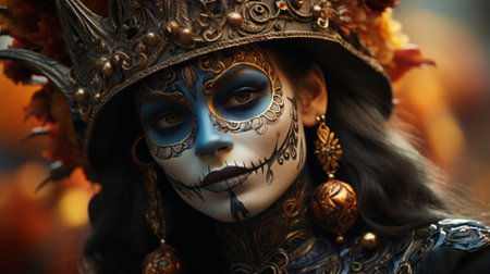 A mysterious woman wearing a vibrant masque of face paint and a bold hat stands defiantly, ready to captivate and transform the world with her unique and powerful styleの素材