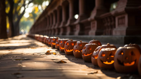 A line of intricately carved pumpkins lined up in the cool autumn air, a reminder of the approaching halloween festivities and the warmth of seasonal vegetablesの素材