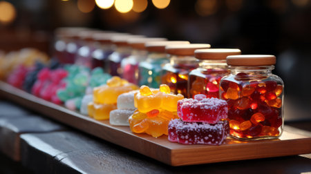 A row of brightly colored jars filled with delicious confectionery beckons invitingly from the indoor table, offering a tempting treat for anyone who dares to indulgeの素材