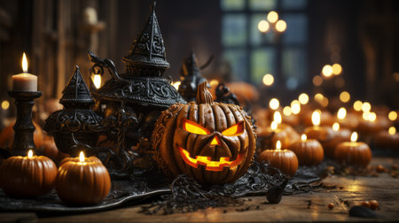 On halloween night, carved pumpkin glows brightly from within, its warm candlelight radiating sense of cheer, excitement as children rush to trick-or-treat with their beloved squashy gourd companionの素材