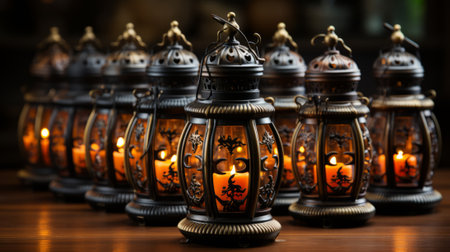A warm, inviting atmosphere is created by the gentle flickering of candlelight from a cluster of lanterns, providing a soft glow that illuminates the indoor spaceの素材