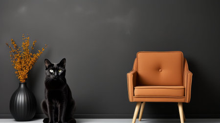 A curious black cat stares intently from its perch on an orange chair, its eyes taking in the sights of the room while providing a playful contrast against the stark wallの素材