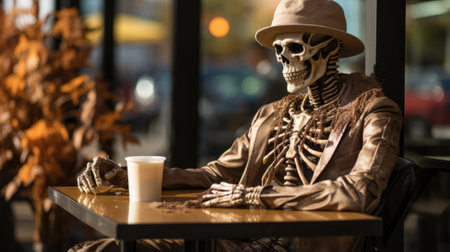 On a quiet street, an unexpected figure of a skeleton sits outdoors at a wooden table, coffee cup in hand, a hint of wistful loneliness in the still airの素材