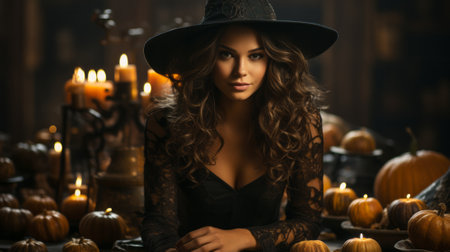 A woman dressed for halloween in a candle-lit room, wearing a unique hat crafted from a hollowed-out pumpkin, casts a captivating and mysterious silhouetteの素材