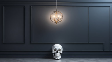 An eerie skull stares out from the stark white wall of the indoor gallery, challenging viewers to confront the raw beauty and mortality of life's cycleの素材
