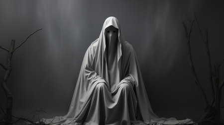 A cloaked figure stands shrouded in fog, the white mask of a statue peering out from beneath a mantle of mysteryの素材
