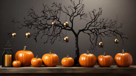A festive autumn scene of a tall tree full of colorful pumpkins and gourds basking in the warm sunlight, celebrating the joy of halloweenの素材