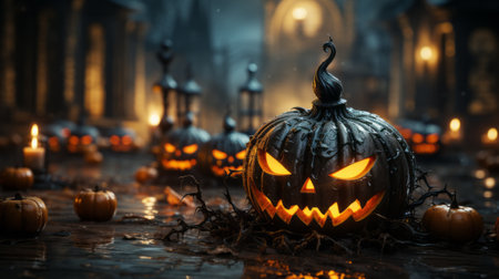 On halloween night, a spooky group of lit-faced pumpkins stands guard, inviting trick-or-treaters to explore the mysterious and magical world of squash and gourdsの素材