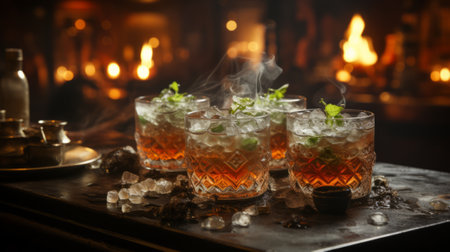 A vibrant bar scene illuminated by glow of flickering candles, showcasing delightful array of glasses filled with cocktails, making it perfect spot to enjoy night of indulgent drinks and foodの素材
