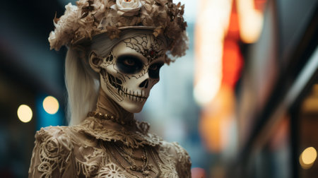 A solitary woman adorned in a captivating garment stands proudly outdoors, a living statue wearing a mysterious mask that is both an expression of art and an enigmaの素材