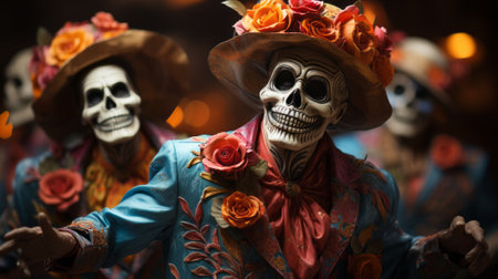 A surreal scene of horror and beauty, two skeletons adorned in clothing and masks of delicate flowers stand out against the darknessの素材