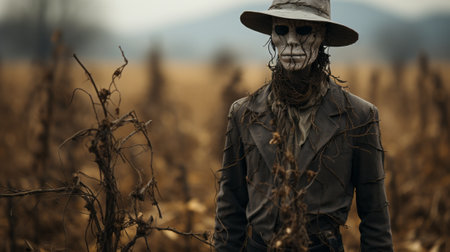 A skeleton stands in a grassy field, wearing an outdoor garment and a hat, while the sky stretches out above them like a vast, endless crop of possibilityの素材