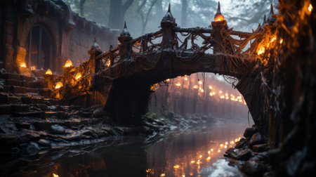 A majestic bridge surrounded by the wonders of nature, illuminated by flickering firelight and spanning a deep, powerful river, beckons one to explore its mysterious depths and explore the hidden caves beneathの素材