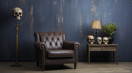 In a cozy room filled with furniture, a leather chair illuminated by a warm lamp rests near a table adorned with skulls and a vibrant vase of houseplants, creating an inviting yet eerie atmosphereの素材