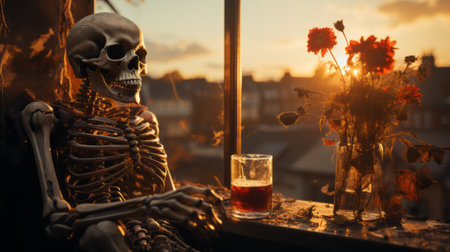 As the sun sets on a beautiful evening, a mysterious skeleton is seen perched atop a window sill, enjoying the majestic sky while sipping a glass of liquid and holding a bouquet of vibrant flowersの素材